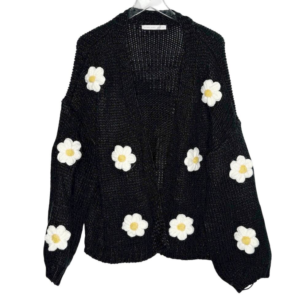Altar'd State Daisy Flower Cardigan XL Black Chunky Knit Crochet Applique Whimsy